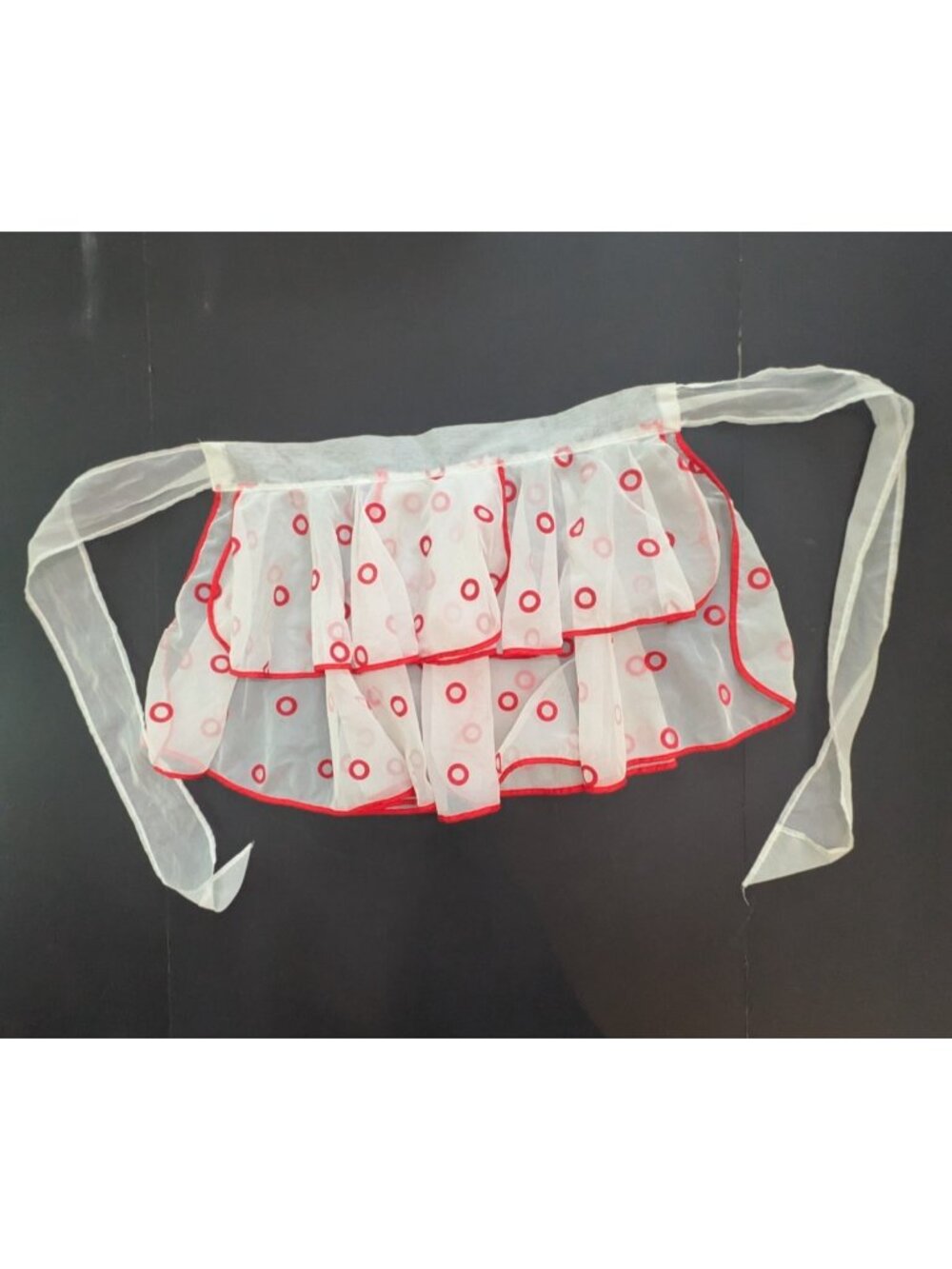Vintage Sheer White Half Apron Embroidered Red Circles and Piping Polka Dot